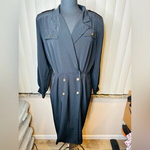 J. Ellis Vintage Black Double-Breasted Trench Coat Shoulder Pad Dress Size 12